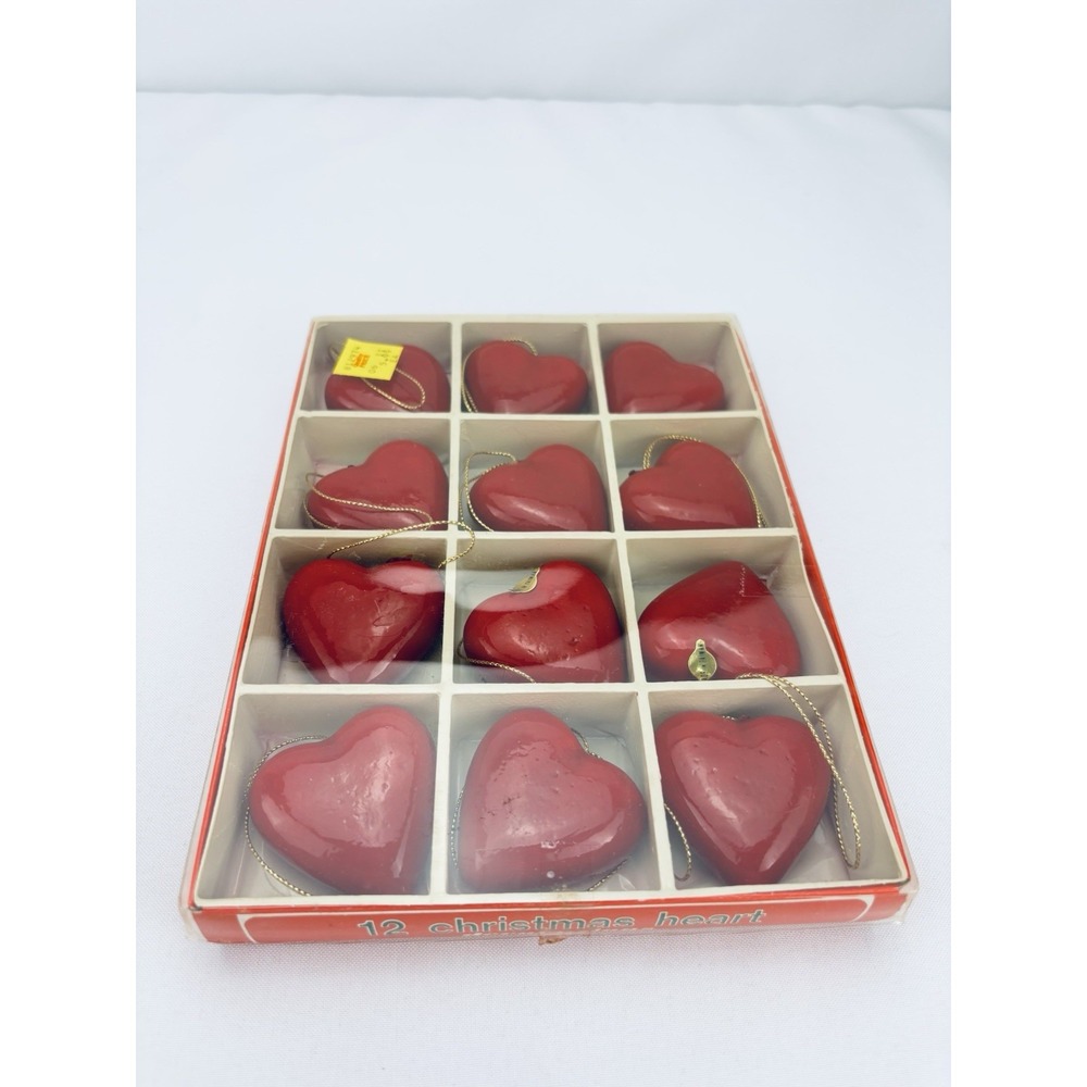 Vintage Red Heart Christmas Ornaments Set of 12 Boxed Retro 1980s Plastic Puffed
